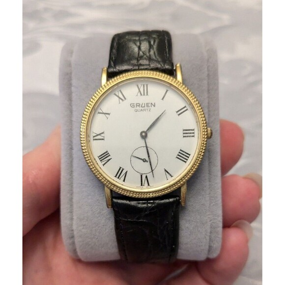 Gruen Men's Watch 90s Gold Bezel‎ Dotted Rim Lizard Embossed Band Model 001-6L45